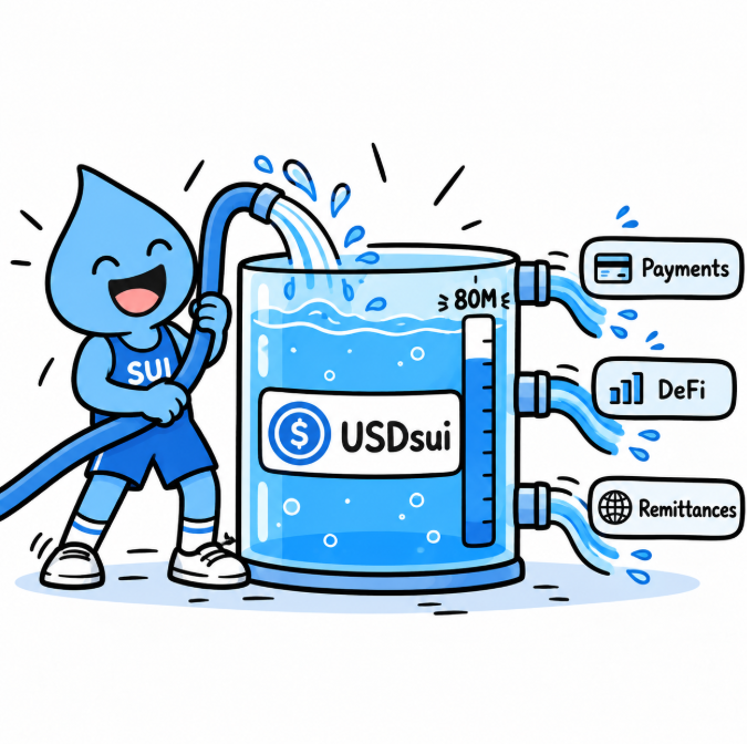 A cartoon illustration of the Sui blockchain mascot, a blue water droplet character, pumping water into a tank labeled 'USDsui' that flows out into 'Payments', 'DeFi', and 'Remittances'.