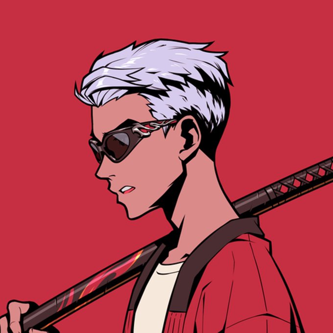 A stylized digital illustration of a character with white hair, dark sunglasses, and a red kimono holding a katana against a red background.