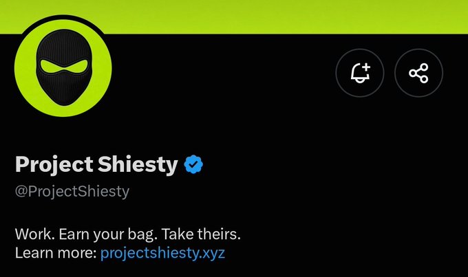 A Twitter profile header for "Project Shiesty" (@ProjectShiesty), featuring a green ninja mask logo, the bio "Work. Earn your bag. Take theirs." with a link to projectshiesty.xyz. The profile relates to the post announcing the project's upcoming free mint with a 3,333 NFT supply launching today.