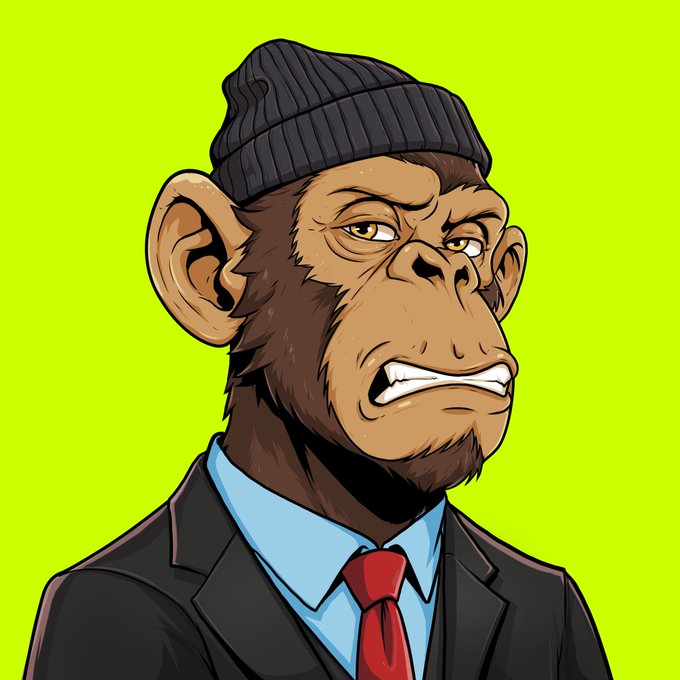 A cartoon illustration of a chimpanzee wearing a black beanie, a suit, and a red tie against a bright green background.