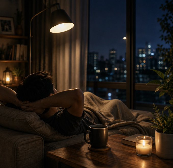 A person relaxing on a couch under a blanket in a cozy, dimly lit room with a city skyline visible through a large window at night. A floor lamp provides warm light, and a candle and coffee mug sit on a wooden table.