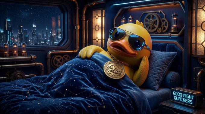An AI-generated image of a yellow rubber duck wearing sunglasses, lying in a bed under a starry blanket inside a steampunk-style room, with a "GOOD NIGHT QUACKERS" sign nearby.