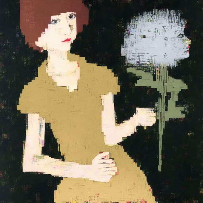 A stylized, digital-art portrait depicts a red-haired woman in a tan dress standing beside a fragmented reflection of herself, illustrating the "Real and Fake Couples" NFT collection by @skomra. The glitchy, pixelated aesthetic emphasizes themes of identity and duality central to the 1/1 auction collection.