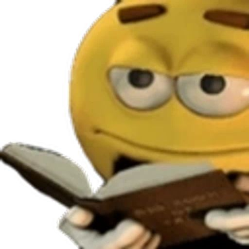 A close-up of a yellow emoji character with a suspicious side-eye expression reading a small brown book.