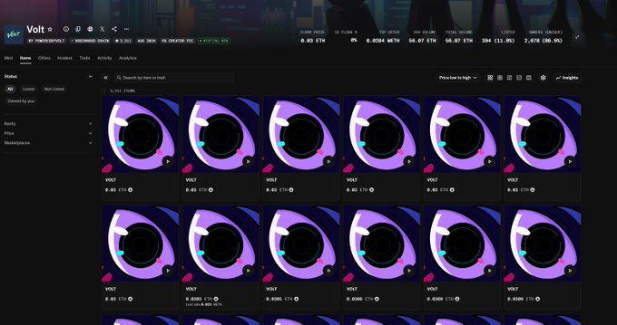 A marketplace interface called "Vault" displaying multiple identical purple and black circular "VOLT" NFT items listed at 0.03 ETH each.