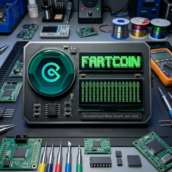 The image shows a stylized cryptocurrency hardware wallet or mining device labeled "FARTCOIN" with the tagline "Decentralized Meme Assets and Data," surrounded by circuit boards, soldering tools, and spools of wire on an electronics workbench. The glitchy green LED display and meme-style branding visually reinforce the post's message about $FARTCOIN—a meme coin—transitioning from selling pressure into consolidation, with the tech aesthetic symbolizing the underlying blockchain infrastructure traders often overlook while focused solely on Bitcoin.