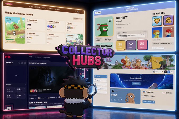 A promotional graphic titled 'COLLECTOR HUBS' displaying a monkey mascot with a magnifying glass and screenshots of a digital marketplace interface featuring NFTs and characters.
