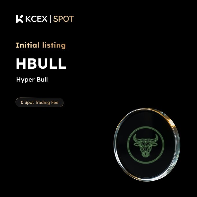 KCEX Spot announcement for the Initial listing of 'HBULL (Hyper Bull)' with 0 Spot Trading Fee, featuring a circular bull logo.