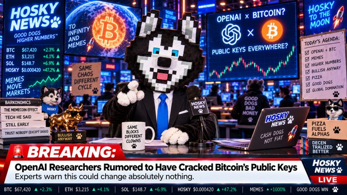 A satirical news broadcast titled 'HOSKY NEWS' features a husky puppet in a suit at an anchor desk, with a chyron reading 'BREAKING: OpenAI Researchers Rumored to Have Cracked Bitcoin's Public Keys' and various crypto-themed graphics and tickers (BTC, ETH, SOL, HOSKY).