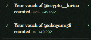 The screenshot shows two verified vouches adding +49,292 points each to the post author: from **@crypto__larisa** and **@akogami58**. This serves as proof of the promised “+50K per vouch” reciprocal support.