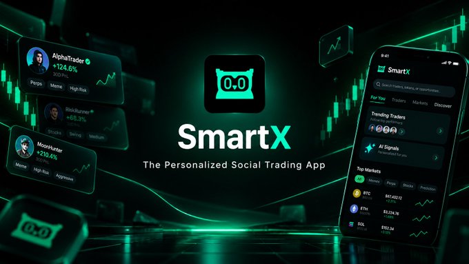 Promotional graphic for "SmartX - The Personalized Social Trading App" featuring floating phone displays showing top traders like AlphaTrader (+124.6%), RickRaptor, and MoonHunter.