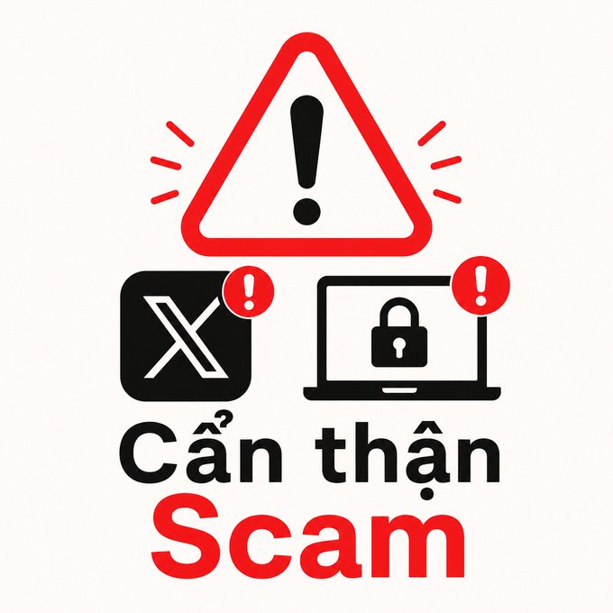 A scam warning graphic featuring a red warning triangle with exclamation mark, icons for X (Twitter) and a locked laptop with alert badges, and the text 'Cẩn thận Scam' (Vietnamese for 'Beware of Scam').