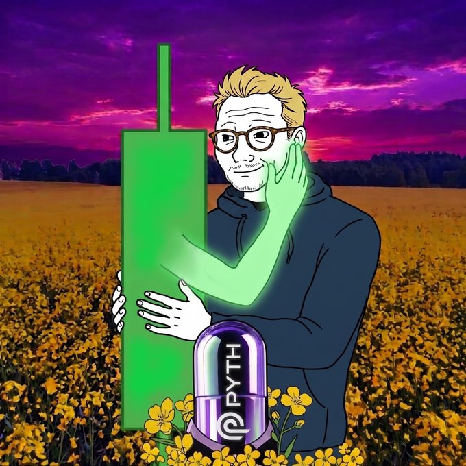 A cartoon illustration shows a blonde man in a hoodie hugging a large green battery in a yellow flower field, with a purple 'PYTH' capsule at his feet.