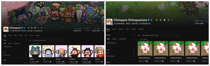 Two screenshots display the 'Chimpers' NFT collection on a marketplace, showing a market cap of 8,480 ETH and a profile view with ranks and avatars.