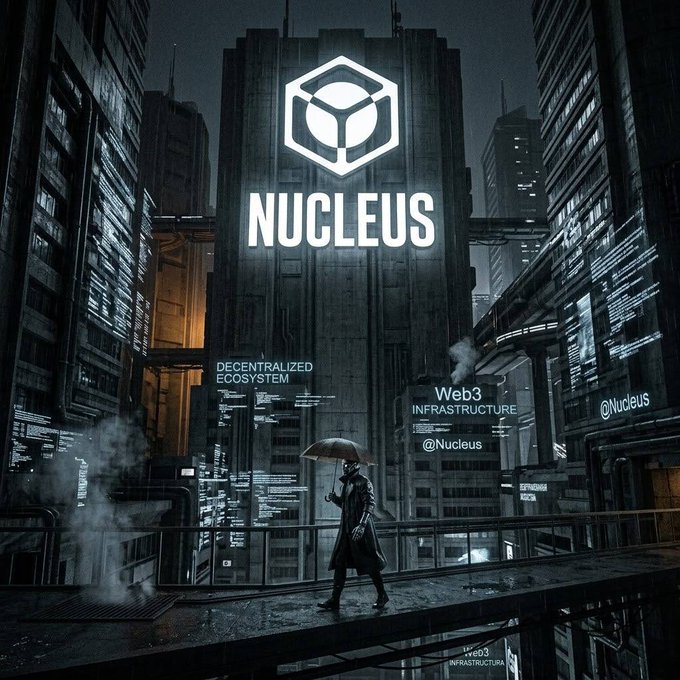 A dark, atmospheric cyberpunk-style promotional image for 'NUCLEUS' featuring a hexagonal logo, text reading 'DECENTRALIZED ECOSYSTEM,' 'Web3 INFRASTRUCTURE,' and '@Nucleus,' with a figure holding an umbrella walking on a walkway in a futuristic city.