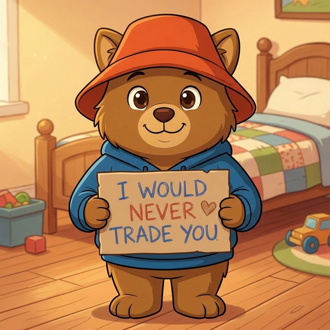 A cartoon illustration of a bear wearing a red bucket hat and blue hoodie, holding a sign that reads 'I WOULD NEVER ❤ TRADE YOU'.