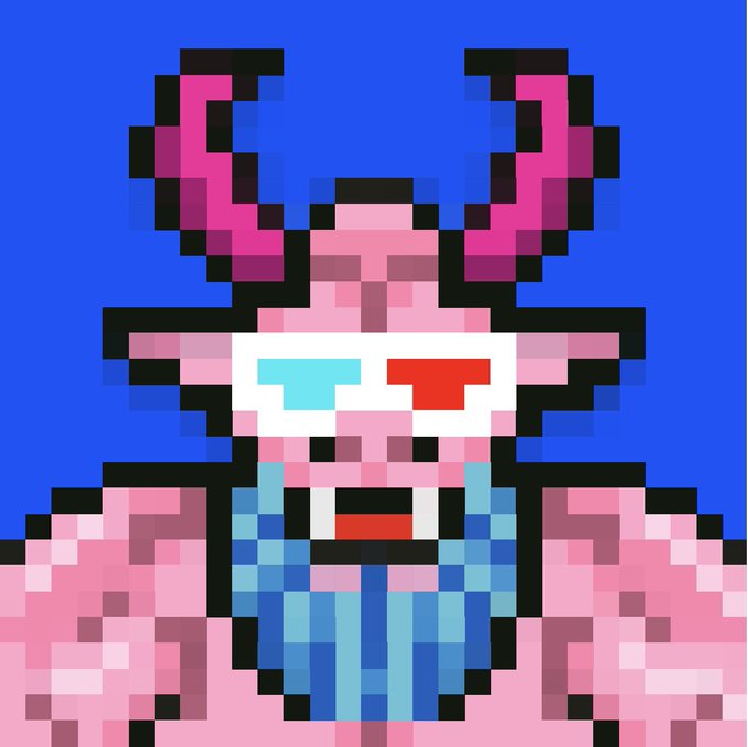 A pixel art portrait of a pink ape-like character with large purple horns and 3D-style glasses (one cyan, one red), rendered in classic 8-bit style against a blue background—visually representing the Bored Ape/Yuga Labs NFT aesthetic referenced in the accompanying post honoring a community ambassador for his work on ApeChain and Otherside.