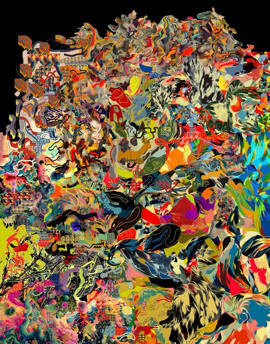 The image features an abstract painting filled with a multitude of colors, shapes, and patterns that appear messy yet vibrant. The brushstrokes and textures add a dynamic feel to the artwork. In relation to the posted question about the current bid for eth by @batsoupyum, it might be possible that this particular abstract piece has caught someone's attention and is now up for sale or being auctioned off online. However, without more specific information on the price and other details of the artwork displayed in the post, we cannot provide a definitive answer to the bidding process taking place at the time the image was posted.