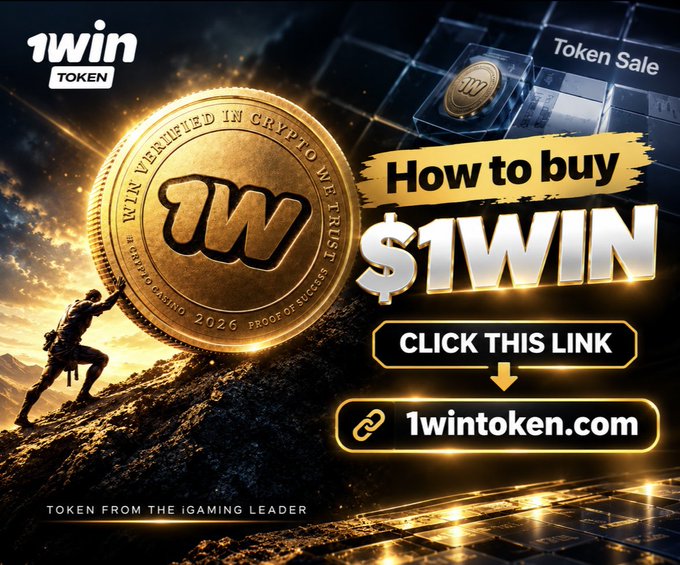 The image is a promotional banner for the 1WIN Token Sale, featuring the "1win TOKEN" logo (top left), a large gold coin engraved with "1WIN VERIFIED IN CRYPTO WE TRUST" and "2026 PROOF OF SUCCESS," alongside a silhouette of a climber on a mountain and the headline "How to buy $1WIN" with a call-to-action linking to 1wintoken.com. It visually advertises the token purchase process mentioned in the accompanying post about preparing a Solana wallet and USDC for the 1WIN token sale.