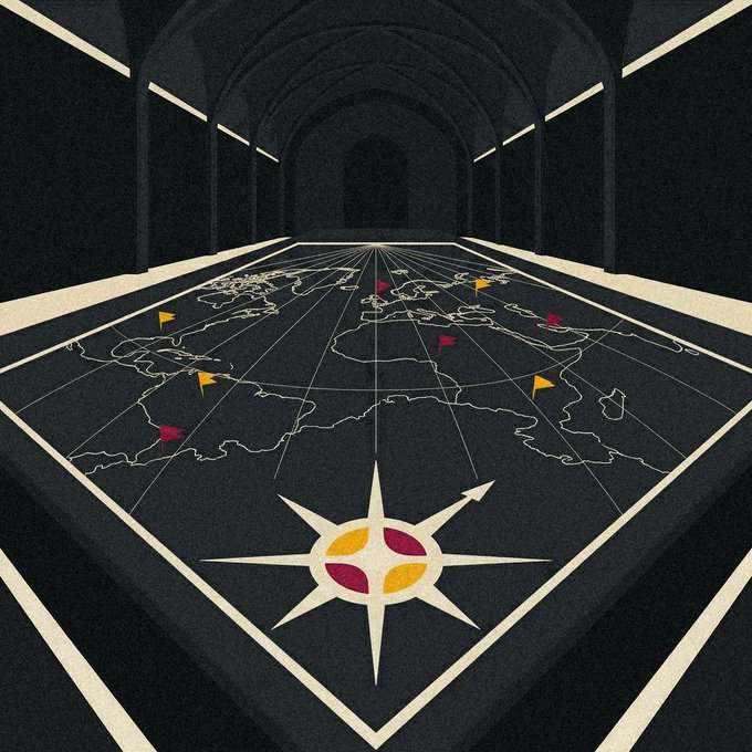 A world map with red and yellow flag markers sits on the floor of a long, dark vaulted corridor, anchored by a compass rose in the foreground, symbolizing the global, strategic reach of Meridian Capital DAO's Genesis Farms launch. The vault-like setting and navigational imagery reinforce the post's theme of early, strategic entry into the protocol's highest-APR farming opportunities.