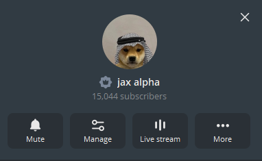 A screenshot of a YouTube channel page showing "jax alpha" with 15,044 subscribers, featuring profile options like Mute, Manage, Live stream, and More—likely shared by the post's author to establish credibility as a crypto streamer promising a $10 SOL giveaway.
