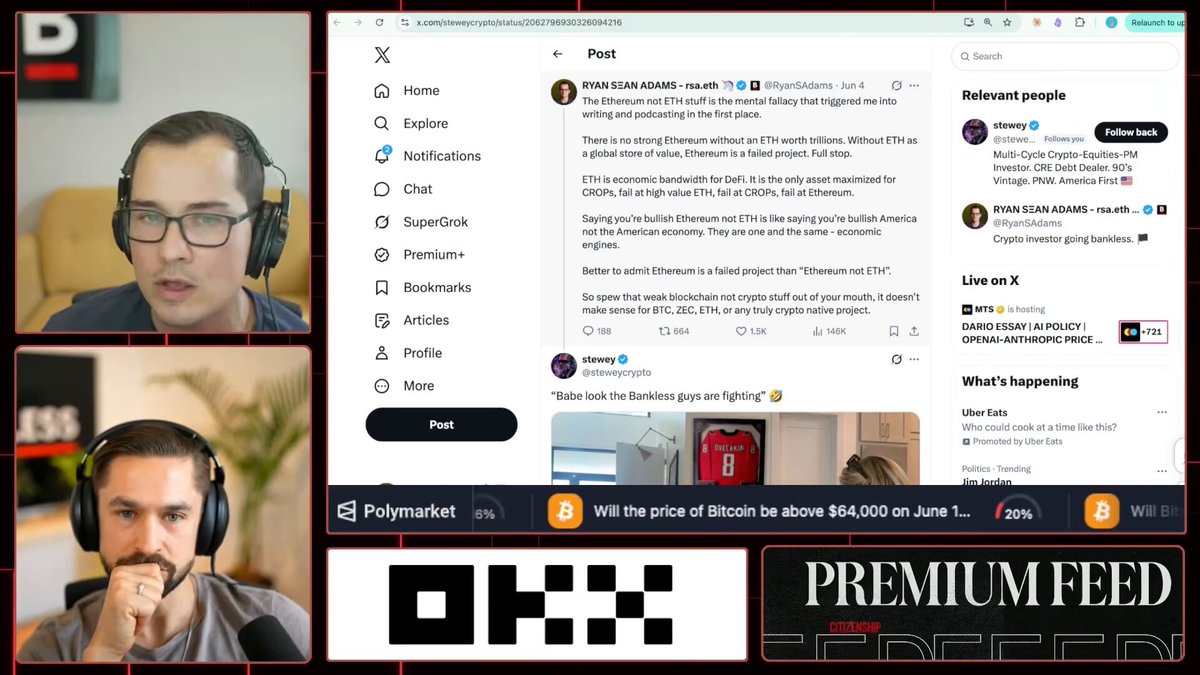 The image shows a man wearing headphones sitting at a computer, with the screen displaying an open social media app such as Twitter or Facebook. The content of the posts appears to be mostly related to the price of Bitcoin, which is currently worth $4K. Some posts talk about premium feed platforms for Bitcoin, while others share the details of a new coin called Eth2. There are multiple people and items visible on the screen, including text, logos, and pictures.