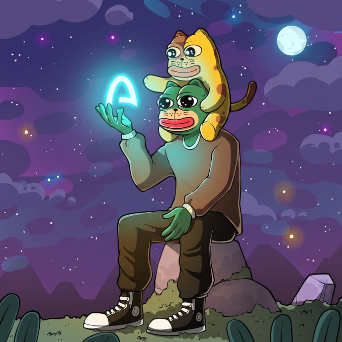 A green Pepe-style frog character sits on a rock under a starry night sky, holding a glowing cyan "@" symbol while a leopard wears a Pepe head as a hat. The image visually promotes the @arc mainnet launch and PepeCartel giveaway, with the glowing "@" icon tying directly to the "@arc" project mentioned in the announcement.