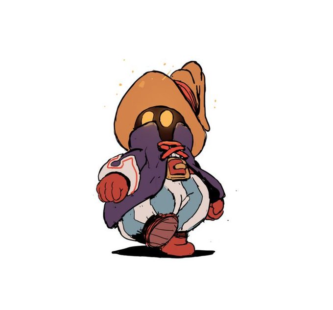 A stylized cartoon illustration of a small hooded character wearing a wide-brimmed yellow hat, a purple cloak, red gloves and boots, holding a bag, with glowing yellow eyes peeking from under the hood.