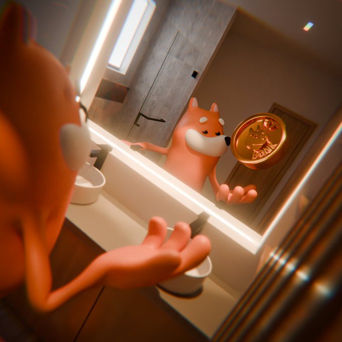 A 3D-rendered Shiba Inu character looks at its reflection in a bathroom mirror while holding a gold coin marked "Dogwifhat".