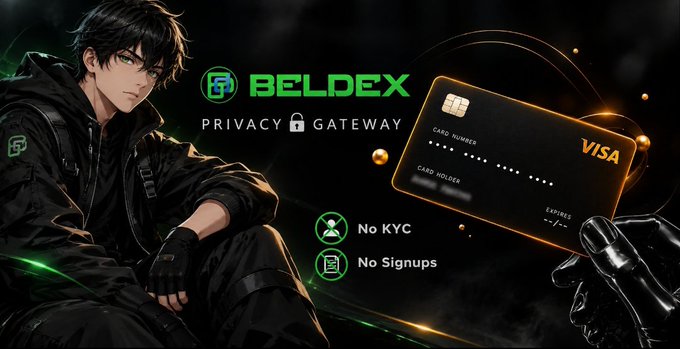 An anime-style promotional banner for 'BELDEX PRIVACY GATEWAY' features a dark-haired male character in tactical gear on the left and a black Visa credit card being held by a metallic robotic hand on the right, highlighting 'No KYC' and 'No Signups' features.
