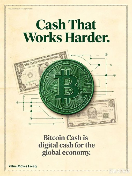 A promotional poster reads 'Cash That Works Harder.' and 'Bitcoin Cash is digital cash for the global economy,' featuring a green Bitcoin coin over US dollar bills and the tagline 'Value Moves Freely.'