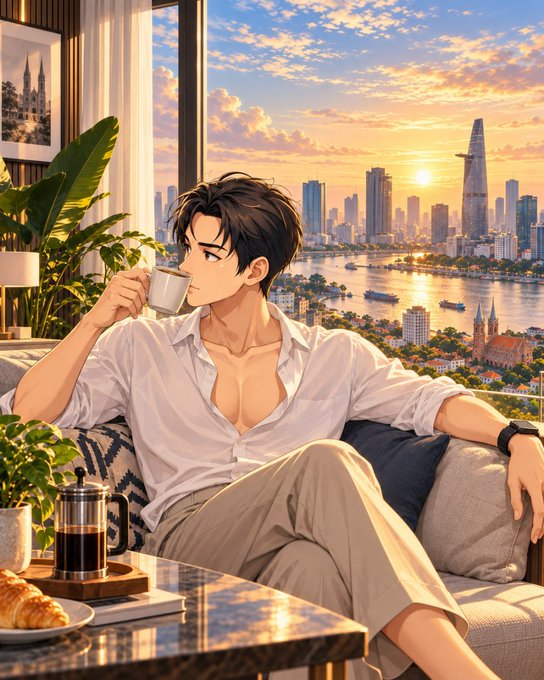 An anime-style illustration shows a young man with dark hair sitting on a couch, drinking from a white mug while overlooking a sunset cityscape with a river and a distinctive tall skyscraper.