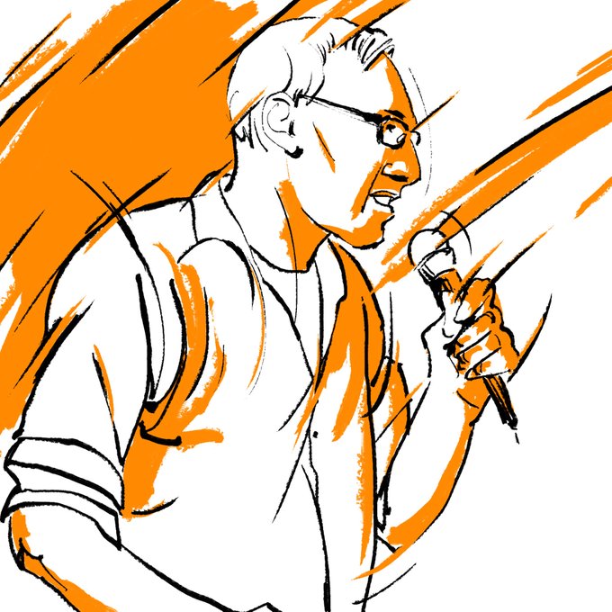 A stylized black and orange line illustration of a man wearing glasses, smiling and speaking into a microphone.