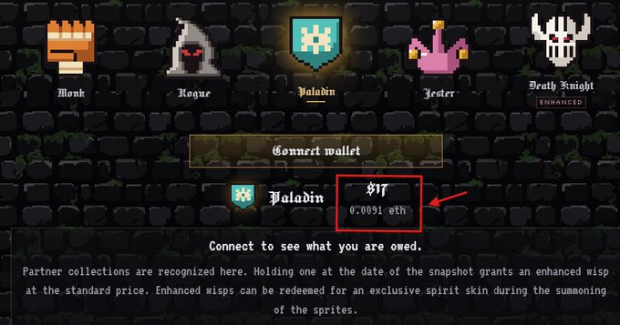 The image shows a Spritehood NFT minting interface displaying five character classes (Monk, Rogue, Paladin, Jester, Death Knight Enhanced) with the Paladin option highlighted at $17 (0.0091 eth) per NFT. This relates to the post by confirming the $17 mint price and showcasing the "Robin-the-hood" themed medieval pixel-art collection that sold out its 44,444 supply generating ~$755K in revenue.