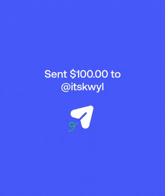 A blue screenshot showing a $100.00 payment sent to @itskwyl, with a Telegram paper plane icon and "g$" below it. The image serves as proof of the cash prize being delivered to the winner announced in the accompanying caption.