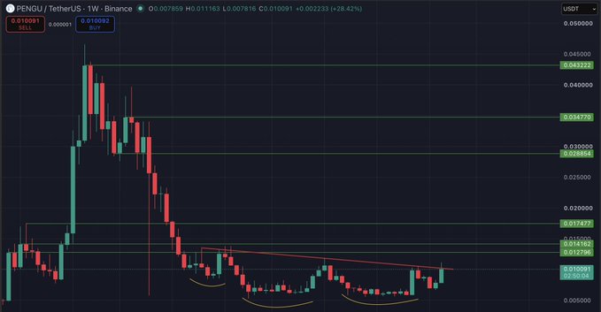 A 1W (weekly) candlestick chart of PENGU/USDT on Binance shows the token's price around $0.0078–$0.0100, with a sharp decline from a peak near $0.0448 followed by a basing pattern forming a rounded bottom near $0.005–$0.007. The current green weekly candle at the lower trendline suggests early recovery, aligning with the poster's bullish outlook ("close to 100%," "winter is coming, bag is packed $PENGU (1W)").