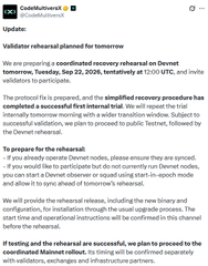 A partial screenshot of a CreditMunicipal update announces a coordinated recovery rehearsal for September 21-22, 2026, at 03:01 WTC, completed successfully.