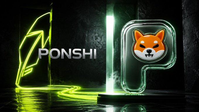 A digital graphic displays the text 'PONSHI' next to a glowing Shiba Inu-style dog icon encased in a glass-like letter 'P'.
