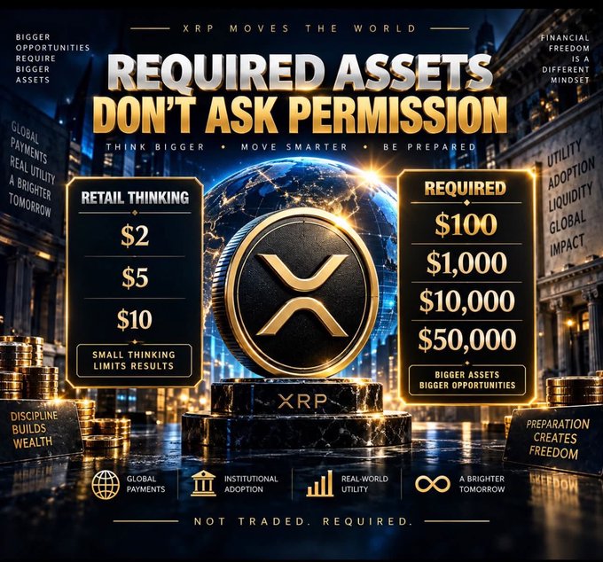 A promotional XRP cryptocurrency graphic titled 'REQUIRED ASSETS DON'T ASK PERMISSION' contrasting 'Retail Thinking' ($2-$10) with 'Required' amounts ($100-$50,000), tagged 'XRP MOVES THE WORLD' and 'NOT TRADED. REQUIRED.'