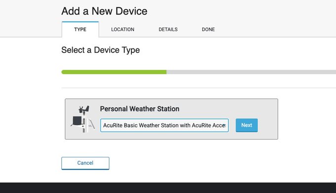 A web interface titled "Add a New Device" showing the "TYPE" tab selected, with a progress bar partially filled and a "Personal Weather Station" section displaying "AcuRite Basic Weather Station with AcuRite Acc…" alongside a Next button. This illustrates the setup process for connecting an AcuRite weather station, which can be used to obtain real-time weather data for an advantage in Polymarket weather prediction markets.