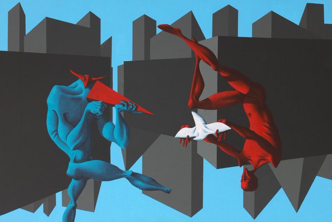 A surreal artwork featuring a blue figure holding a red flag and a red upside-down figure holding a white dove against a cityscape.