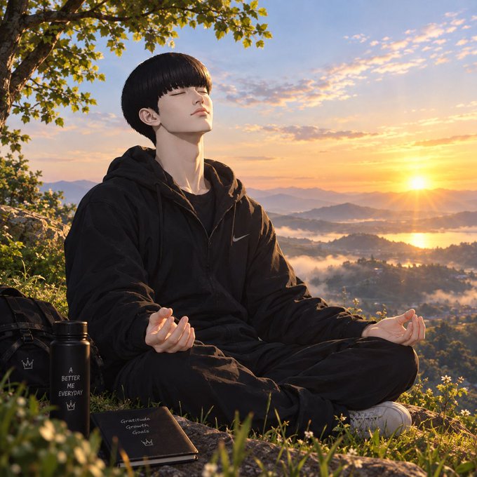 A digitally edited or AI-generated image of a young man with dark hair sitting in a meditation pose on a grassy hilltop at sunset, wearing a black Nike tracksuit, with a black water bottle reading "A BETTER ME EVERYDAY" and a notebook labeled "Gratitude Growth Goals" beside him.