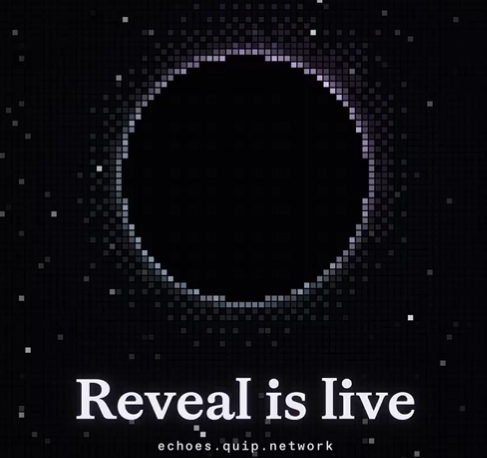 A dark pixelated graphic with a glowing circular shape and the text 'Reveal is live' along with 'echoes.quip.network' displayed at the bottom.