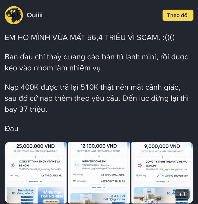 A social media post by 'Quiii' warning in Vietnamese about losing 56.4 million VND to a scam, showing screenshots of bank transfers of 25 million, 12.1 million, and 9 million VND.