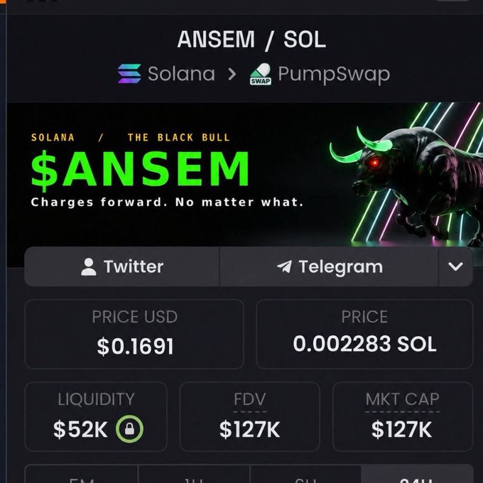 The image displays a token page for "$ANSEM" on Solana via PumpSwap, showing a price of $0.1691, liquidity of $52K, and a market cap/FDV of $127K. This aligns with the post's claim that $ANSEM was called at a $127K market cap before its significant 3,307x run to $420M.
