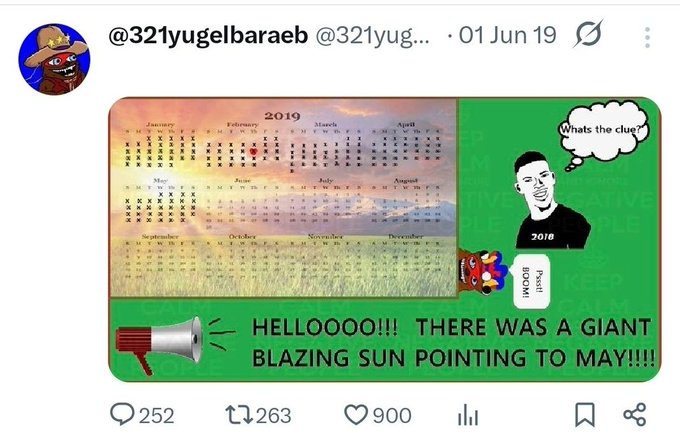 A calendar with a photo of a man's face, along with a caption that reads "There was a giant sun pointing to May!" and an image of a megaphone. The post also includes a Twitter handle @32YugelBaraeB and a hashtag #23YugelBaraeB.
