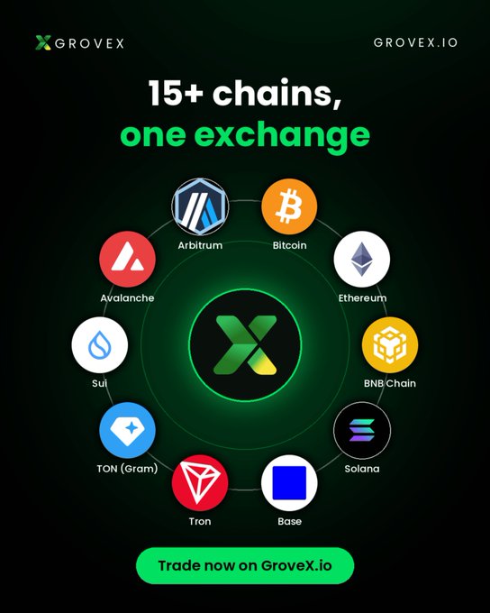 Grovex promotional graphic reading “15+ chains, one exchange,” displaying logos for Arbitrum, Bitcoin, Ethereum, BNB Chain, Solana, Base, Tron, TON (Gram), Sui, and Avalanche, with “Trade now on Grovex.io.”