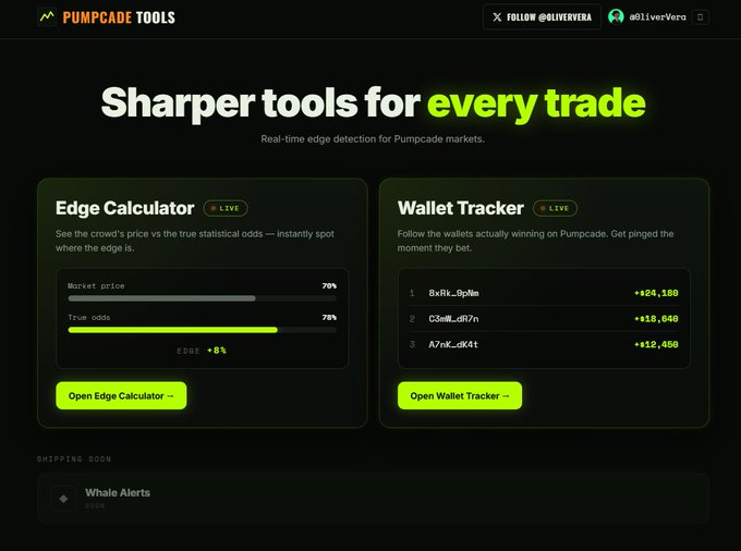 The image shows a screenshot of a website for Pumpade Tools with several features such as a page displaying different Sharper Tools (like a calculator) and a page featuring the Edge Calculator. The website also includes a contact form that allows users to reach out via phone or email, fostering direct communication between the business owner and potential customers. This platform can be used by developers to create trading tools or interfaces, while the website itself features a "Post" section where users could post new updates, ideas, or improvements for Pumpade Tools. There is also an emphasis on the strong community aspect of this platform that encourages collaboration and sharing among users.