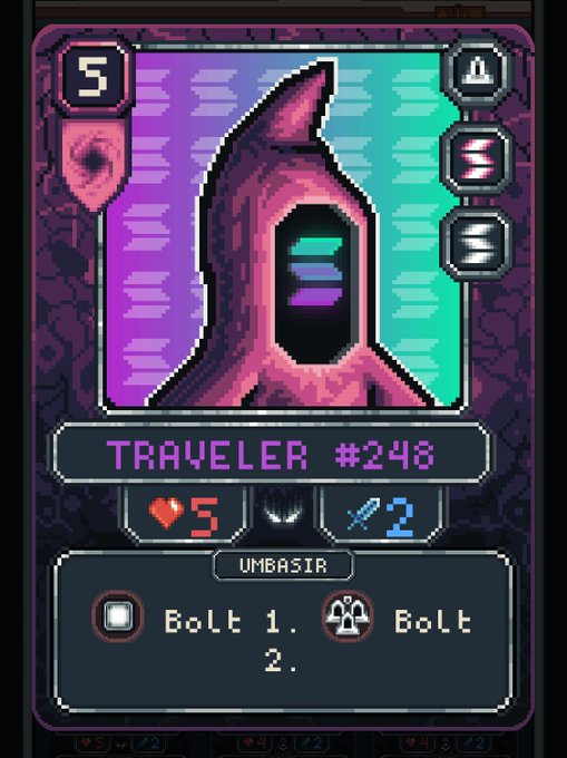 Pixel art trading card or game card titled "TRAVELER #248" by UMBASIR, featuring a hooded figure with a colorful visor display, showing stats of 5 health and 2 attack power, with options to "Bolt 1" or "Bolt 2".
