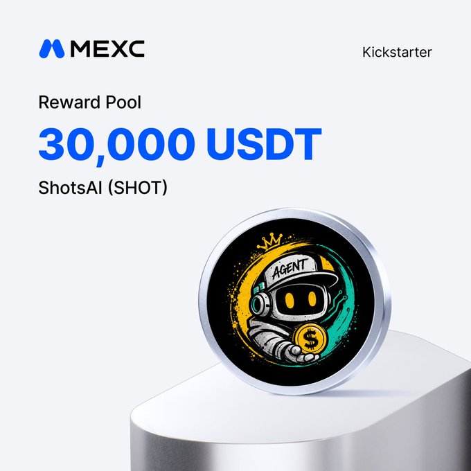 The image presents a circular coin with an illustration of a robot wearing sunglasses, located at the center of the scene. Below the coin, there's white text that reads "MEXC New Kickstarter" followed by three words. The text also includes details about a rewards pool and what it offers in return for investing $30,000 USDT. This post might be related to an upcoming project or campaign with coins being one of its possible payment methods.